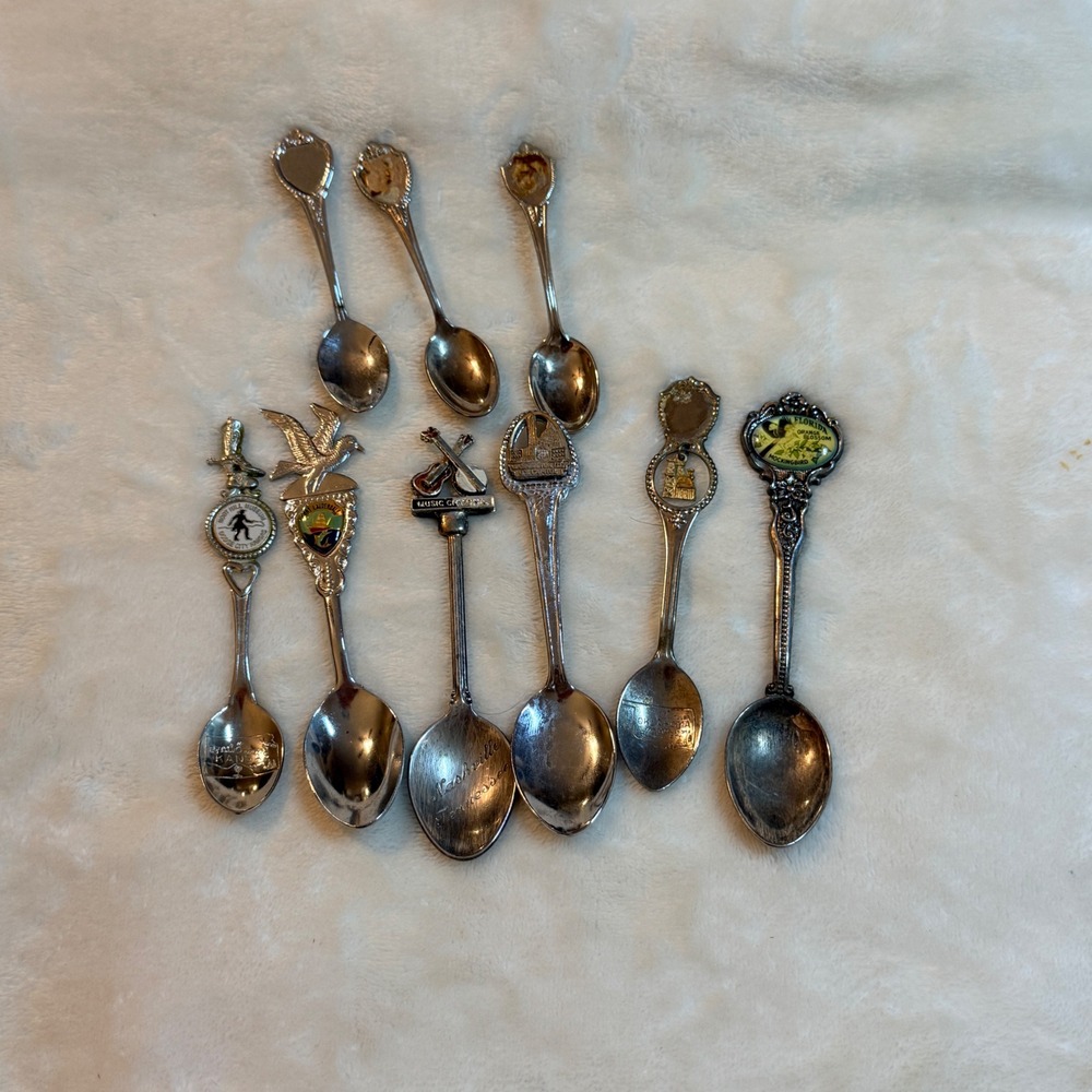 Vintage Souvenir Collector Spoon Lot 9pc Florida Nashville Kansas Oklahoma DC